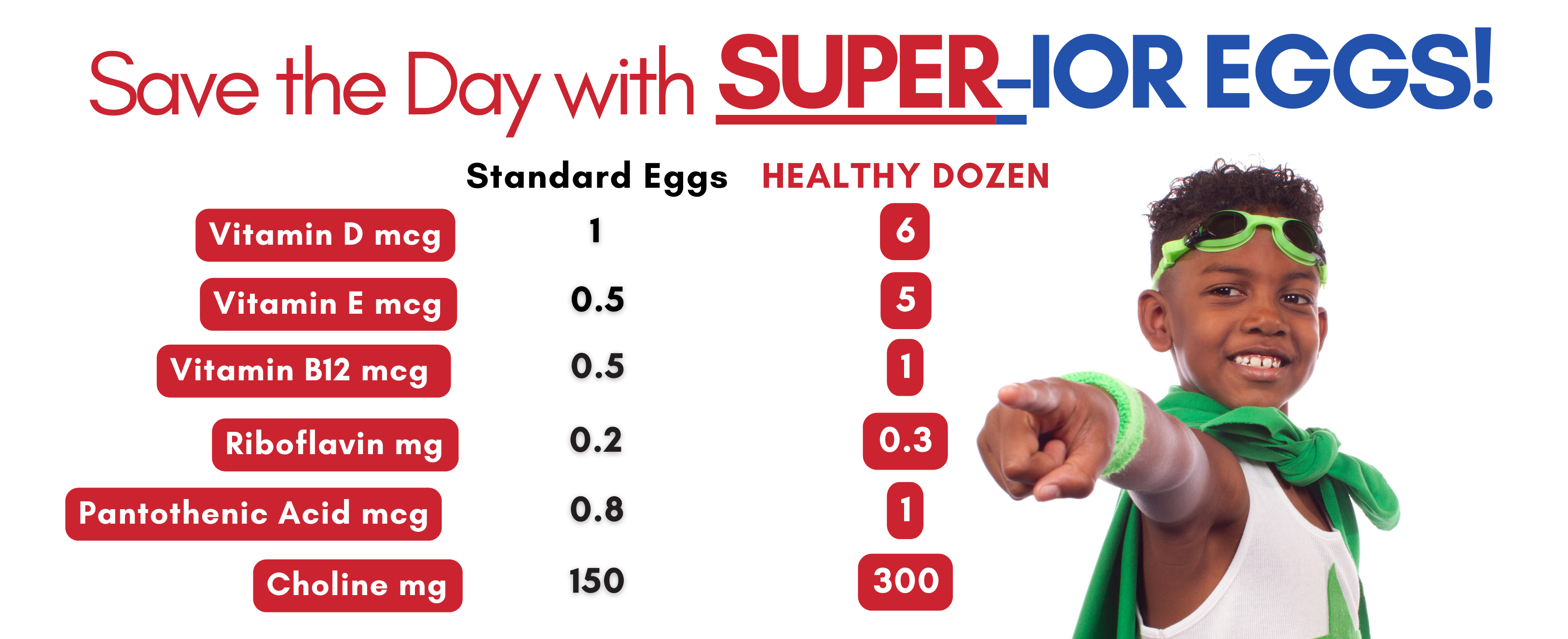 Chart comparing difference between standard eggs and healthy dozen eggs